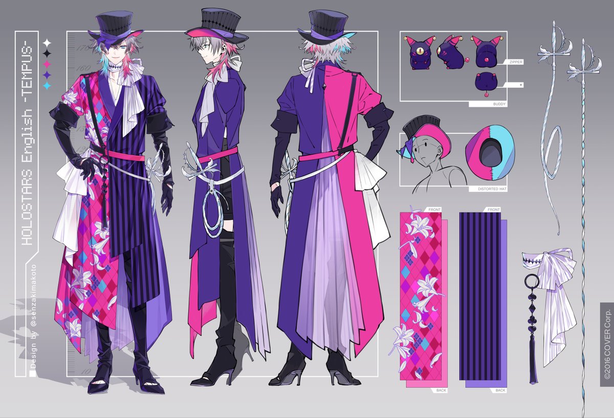 1boy male focus reference sheet pink hair gloves boots purple eyes  illustration images