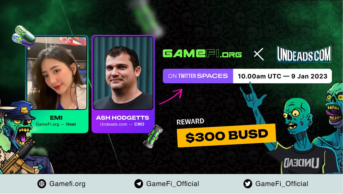 Yo, What's Up ? Let's schedule your time to catch up with CMO at <a href="/Undeadscom/">Undeads Games</a> in the upcoming AMA🔥

⏰Time: 10AM UTC 9 JAN 2022
💰Reward: $300 BUSD

Rules:
▪️ Follow <a href="/GameFi_Official/">GAMEFI.ORG</a> &amp; <a href="/Undeadscom/">Undeads Games</a>
▪️ Like &amp; Retweet &amp; drop ONE question  
▪️ Join to ask live questions here: 👇