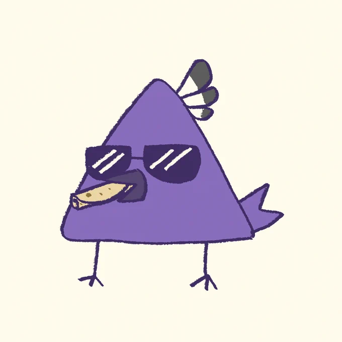 Hakkitos, a doritos shaped purple crow eating taquitos 