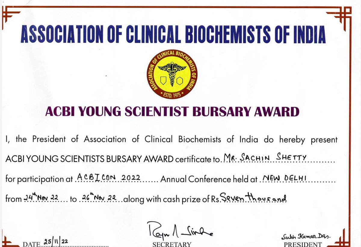 Young scientist Bursary Award received from Assiociation of clinical Biochemists of India 2022🎊 🧿 Thank You Sanjay Bharati sir for your support and Guidance, Anushree U Salian thank you for support <a href="/MCHP_MAHE/">MCHP</a> <a href="/cds_mahe/">Centre for Doctoral Studies, MAHE</a> <a href="/MAHE_Manipal/">Manipal Academy of Higher Education</a>
