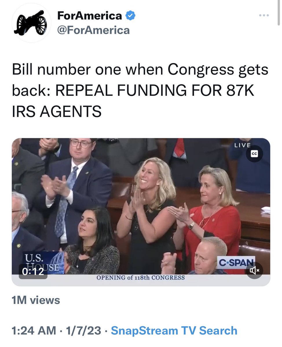 1.) The funding has already been provided. It cannot be “repealed” nor rescinded 2.) The IRS did not “hire 87,000 new agents.” The funding enables them to hire that many agents over the course of TEN YEARS; including agents who retire or leave in that time 3.) The @GOP is useless