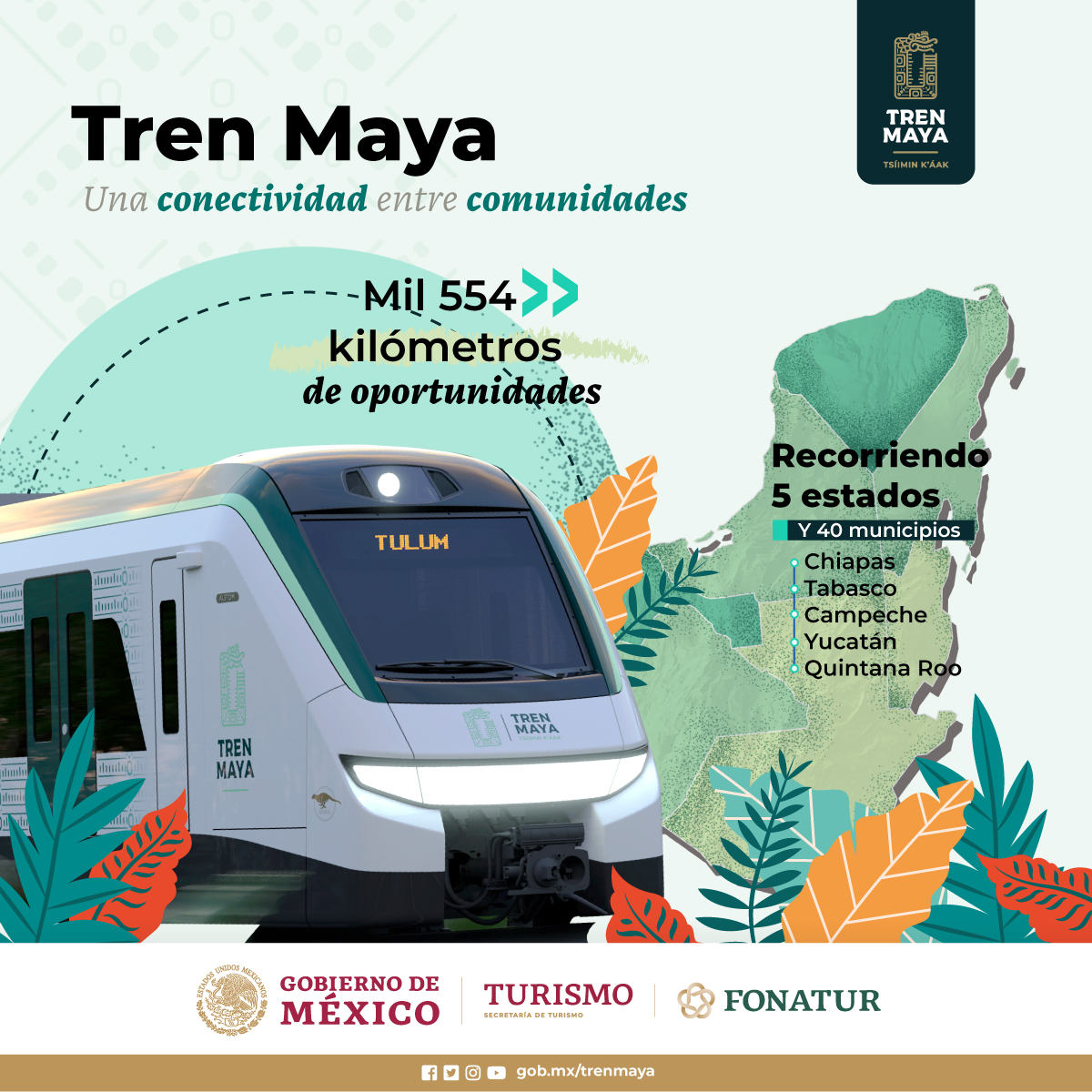 TrenMayaMX's tweet photo. #YaVieneElTrenMaya 🚉📢 
Con mil 554 kilómetros por cinco estados del sureste, donde habrá 20 estaciones y 14 paraderos, el Tren Maya se va a inaugurar en diciembre como es el compromiso con el pueblo. #SúbeteAlTren 🚆🛤️ https://t.co/Hy8ojW22U1
