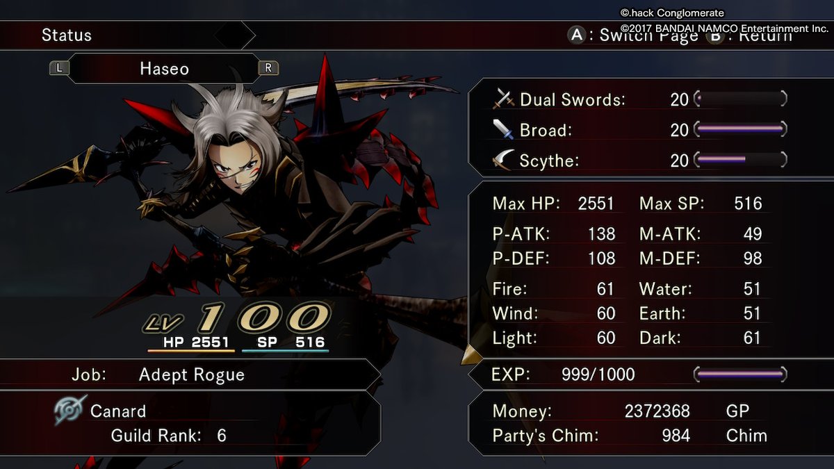 bwhitey1120's tweet photo. There, all cleanup for .hack//G.U. Vol. 2 Reminisce finished. I forgot to include Highway Master in earlier posts. All weapons, armor, accessories, and items acquired. Arena points above top rank. Party LV100 with Haseo Weapons LV20(cap). #dothackGULastRecode #NintendoSwitch https://t.co/2gA1YVuqbt