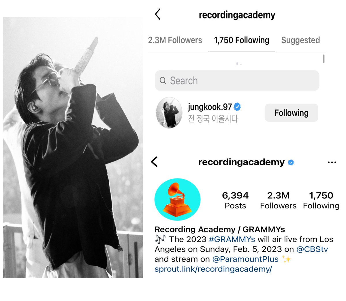 cataleya_jk01's tweet photo. GRAMMYs @RecordingAcad has followed Jungkook’s Instagram Account with RM as the only members they are following as of this posting. 

#JUNGKOOK #��국 @BTS_twt https://t.co/9JJPdUFLCc