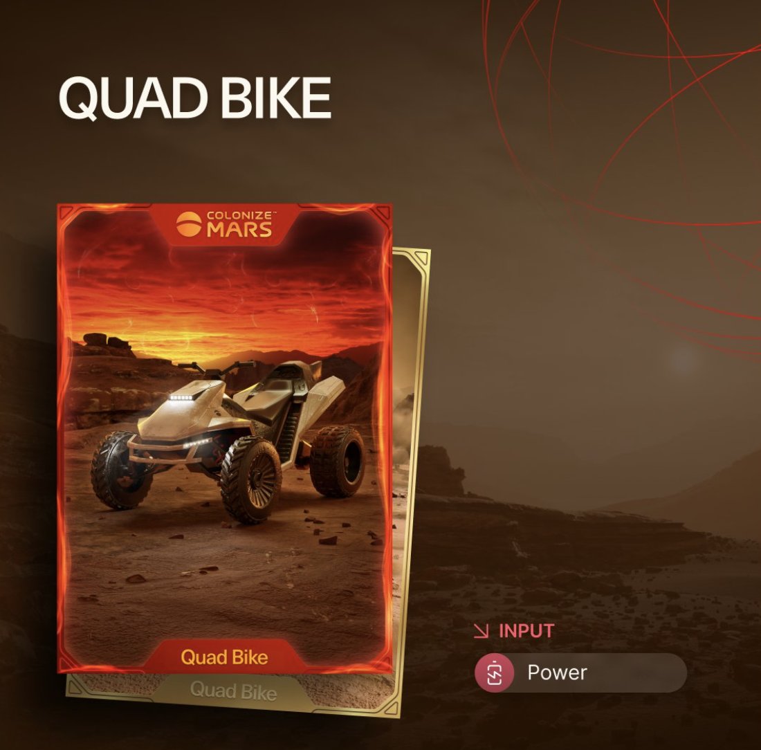 Did you know - In our latest NFT drop we released an additional mode of transport: The Quad Bike. 

A single-seat vehicle for short trips on rough terrain which was designed by Discord member dmnART08#2089. 

Check out all the drops from Mission 4 here: colonizemars.com/collections/mi…