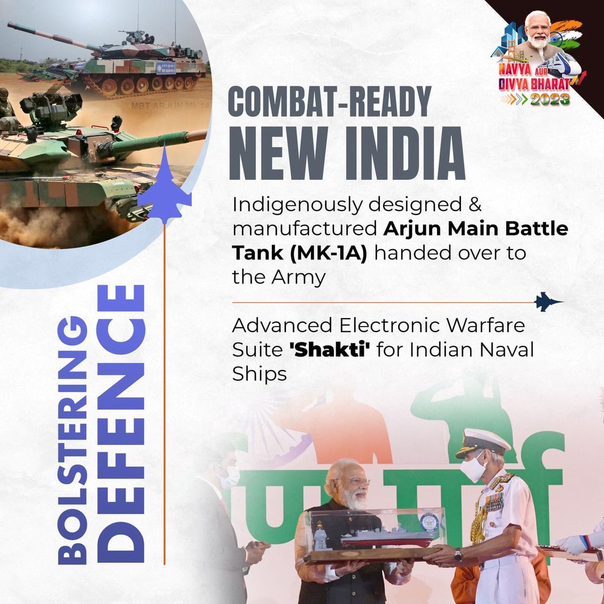 Aruna_DK's tweet image. 🎖️India's first indigenous aircraft carrier, #INSVikrant, has been commissioned.

🎖️Over 1,340 exhibitors, investors, start-ups, MSMEs Armed Forces and delegates from several countries participated in the 12th and largest ever #DefExpo2022.

#BolsteringDefence
2/3