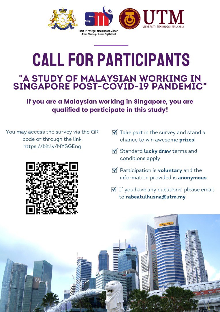 Calling all Malaysian working in Singapore!
We invite you to take part in our short survey.
Scan the QR code or click the link bit.ly/MYSGEng (English)/ bit.ly/MYSGMalay (Bahasa Melayu)
Please also help by sharing this post.
Thank you 😊#Singapore #workinsingapore