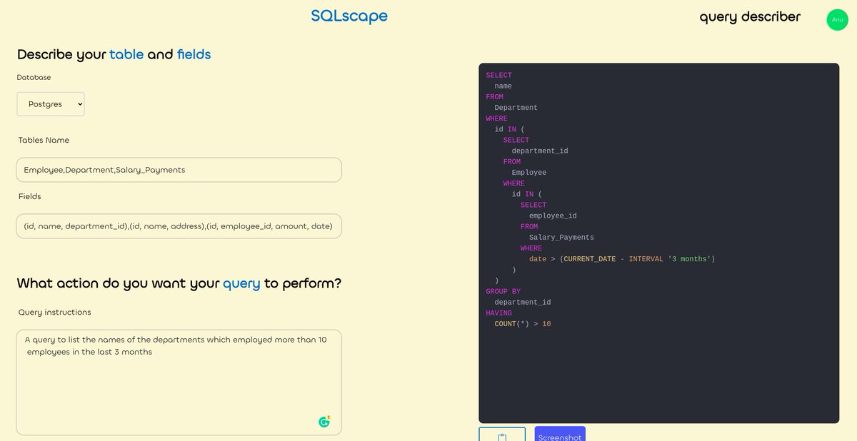 theanuragdev's tweet image. Introducing SQLscape ⌨️ - a new SQL query writer that makes database management a breeze. Try it out now! 

Link 🔗 - sql.proooj.co

#SQL #database