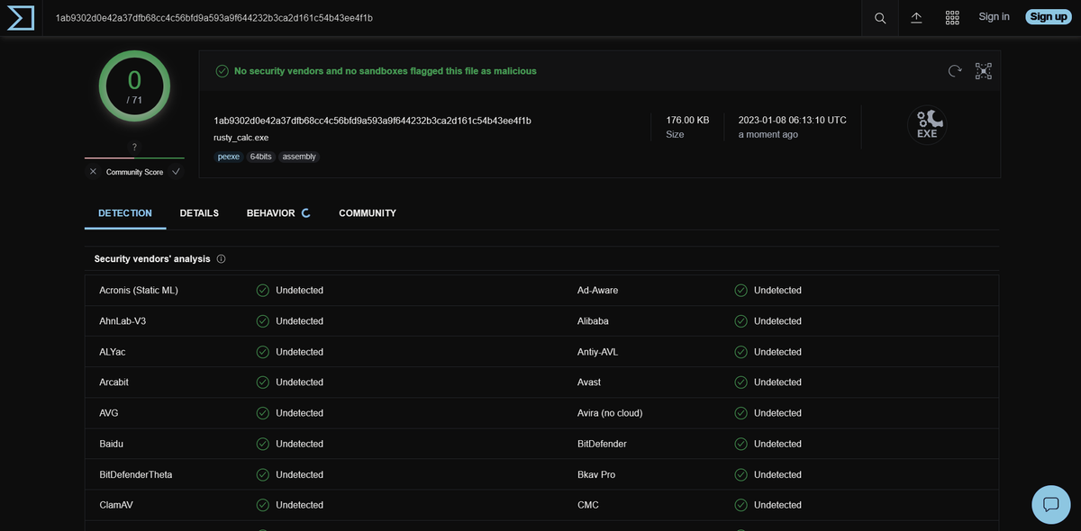 0xTriboulet's tweet photo. In this writeup, we leverage @rustlang's  inherent obfuscation against existing AV technologies to quickly bypass all detection on VirusTotal using unsafe code blocks. 

We can even achieve 0-total detections with a standard MSFVenom payload!

Check it out
https://t.co/BZlDNaGrB1 https://t.co/WduEDOJJ5u