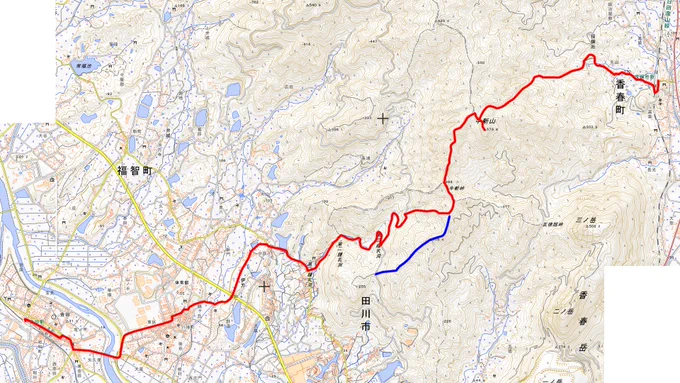 本日のルート。JR採銅所駅より牛斬山を越え、岩屋公園から平成筑豊鉄道金田駅まで。青線の尾根が下から見える場所で、そこを通りたかったのだけれども防火帯の藪が深過ぎて断念。それ以外は……なんかちょくちょく予定外があった感じ。 