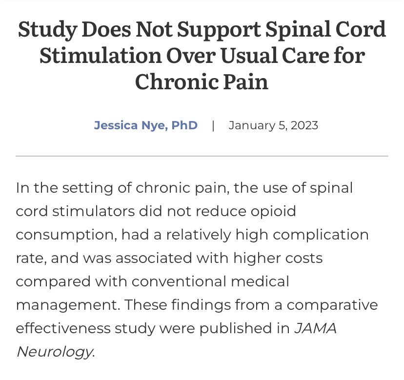 Someone may want to break the news to Mike Schatman 

Yet ANOTHER study the useless spinal cord stimulator.

clinicalpainadvisor.com/chronic-pain/s…