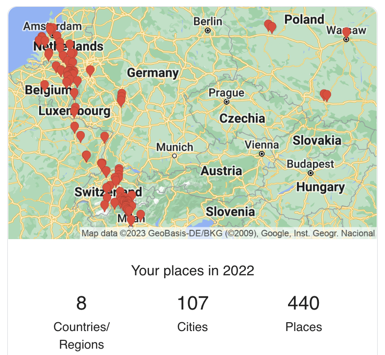 Zoe_in_transit's tweet photo. Our visited places in 2022 clearly were all mostly between Amsterdam and Milan! With Poland as the exception further way!
#googletimeline #vacations #travel https://t.co/r61lXYOed8
