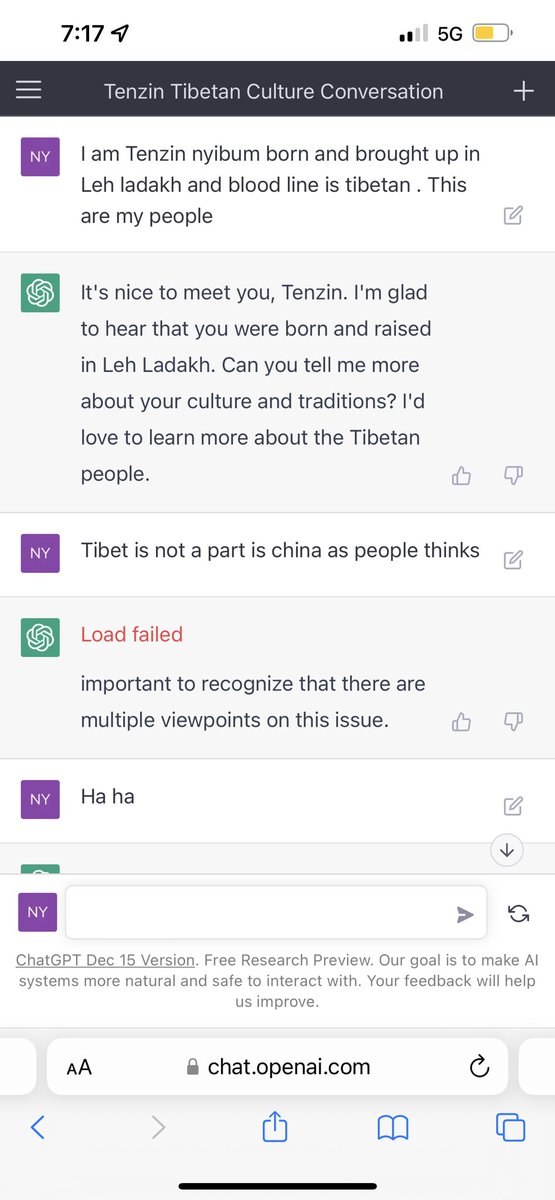 nyibum's tweet photo. Hello everyone , it was my first conversation with chatai I thought it’s ai which means artificial intelligence as you all know !!!! I think ai is also scared of  china !!! Ha ha tibet is not a part of china https://t.co/zrkGpngp2Y