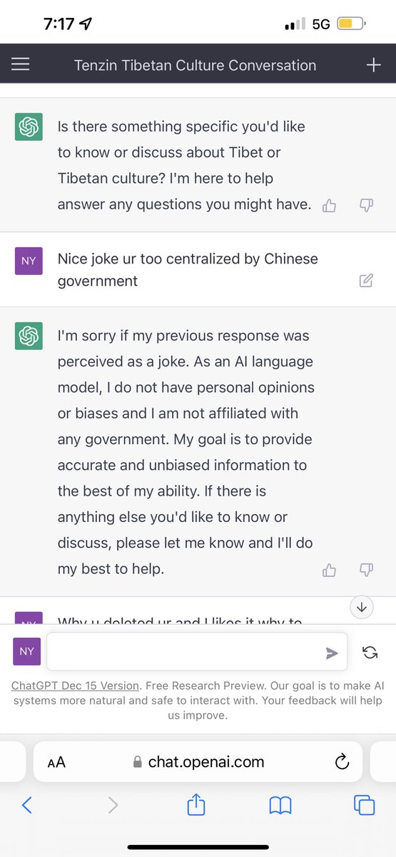 nyibum's tweet photo. Hello everyone , it was my first conversation with chatai I thought it’s ai which means artificial intelligence as you all know !!!! I think ai is also scared of  china !!! Ha ha tibet is not a part of china https://t.co/zrkGpngp2Y