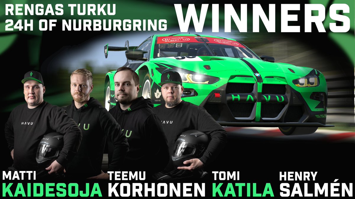 HAVUgaming's tweet image. #HAVUSIM Win from the biggest LAN event in Finland after 24 hours of grueling Nurburgring! 🏆

MVP Matti Kaidesoja conquered the last 4 stints without sleeping during the race at all, what a champion 🙏

#iracing #simracingfi #simracing