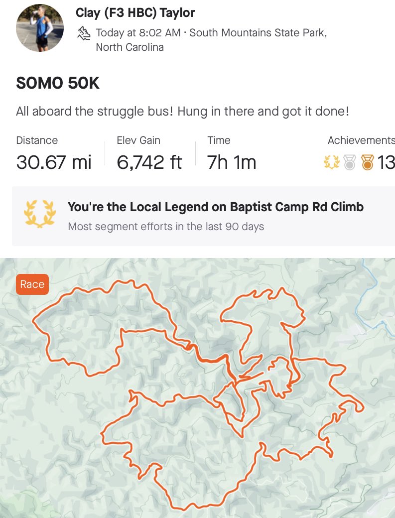 4 <a href="/F3Hickory/">F3 Hickory</a> PAX posted for 50K and 6,742ft of climbing at #SOMO #F3Counts