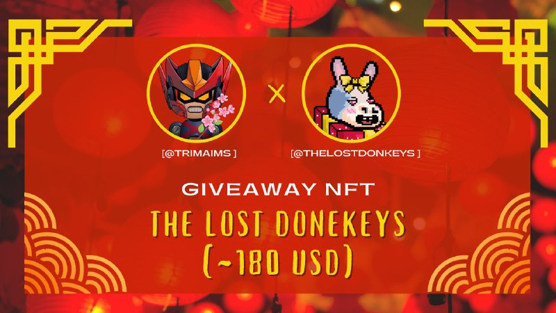 [<a href="/TriMaiMS/">TriMai</a> ] x [<a href="/TheLostDonkeys/">The Lost Donkeys 🥕</a> ]
Giveaway $NFT trị giá ~ 180$
Thể lệ:
Follow các twitter dưới và retweet post này
<a href="/TriMaiMS/">TriMai</a>
<a href="/Arbitrum_Allday/">Arbitrum Allday (💙,🧡) 🫡</a>
<a href="/TheLostDonkeys/">The Lost Donkeys 🥕</a>
<a href="/CryptoTaxCat/">Lambo McGee (🥕,🥕)</a>
<a href="/andrewsaunders/">Andrew Saunders (re/gen)</a> 
Hơn 700 tym, retweet em sẽ tặng thêm land của con này
- Cmt số may mắn 0 - 999