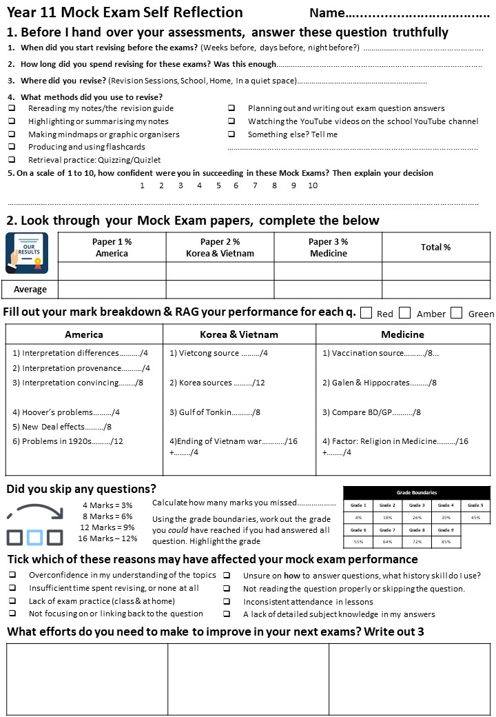 HistTeach55's tweet photo. ...It's that time of year again...

Will be doing a lightly edited version of this superb sheet from @MrThorntonTeach . Found it really useful to guide students through mock feedback, which generally I think is difficult. Specifically, this guides students on actionable steps. https://t.co/wKWF3Op3XE