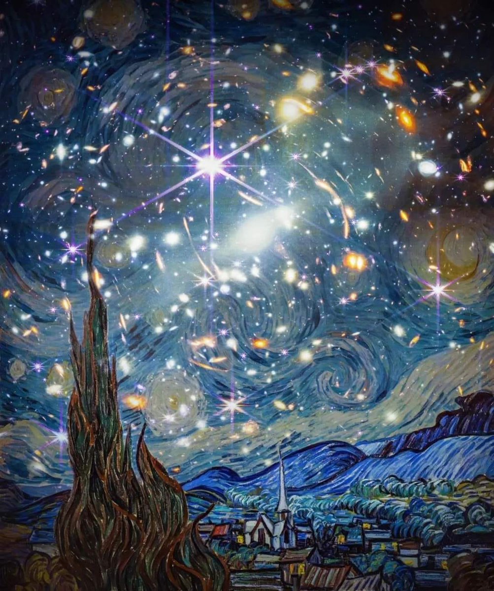 Van Gogh's starry night with the first image taken from the James Webb Telescope