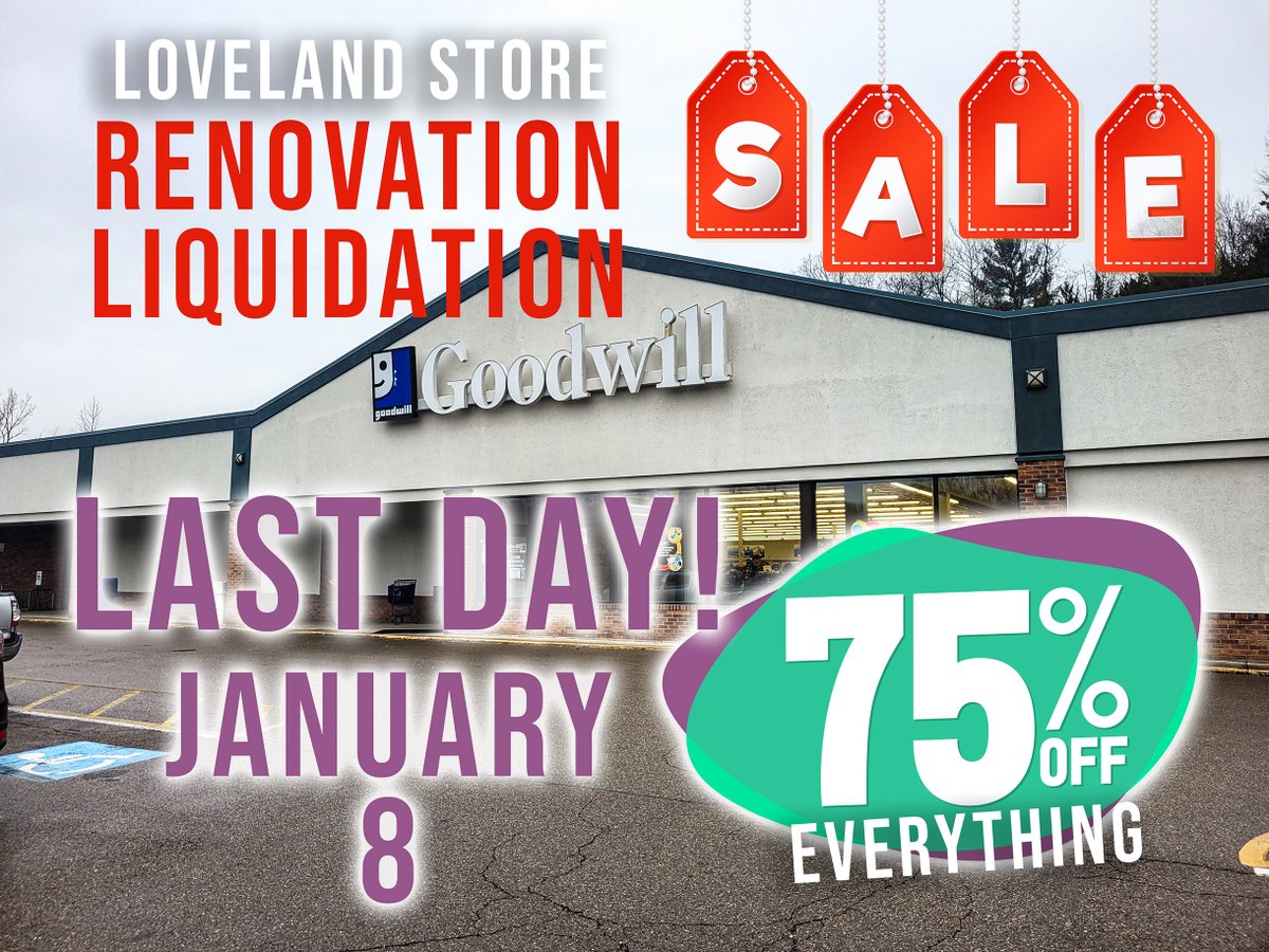 GoodwillCinci's tweet image. This is it - last day!

Strock up on last-minute items as the store shuts its doors for the renovation starting tomorrow.

330 Loveland-Madeira Rd Loveland, OH 45140
bit.ly/OVGWLocations
#RenovationSale #EverythingMustGo #OnSale #GoodwillFinds #HappyNewYear