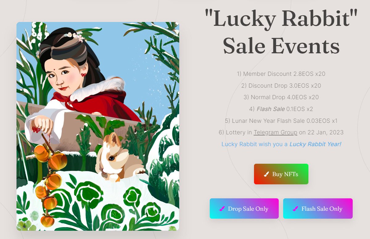 ShuFanNFT's tweet photo. More than 6 Sale Events are upcoming!
"Lucky Rabbit" wishes you a lucky Rabbit Year!
https://t.co/ubDA9PTY3A

2 #NFT #airdrop: Follow, 💗, RT,  comment 3friends &amp; your account.
#EOS #NFTCollection #NFTGiveaway #Giveaway #Artist #illustration #NewYear2023 #NFTartwork #nftcollector https://t.co/69fmTrHBnX