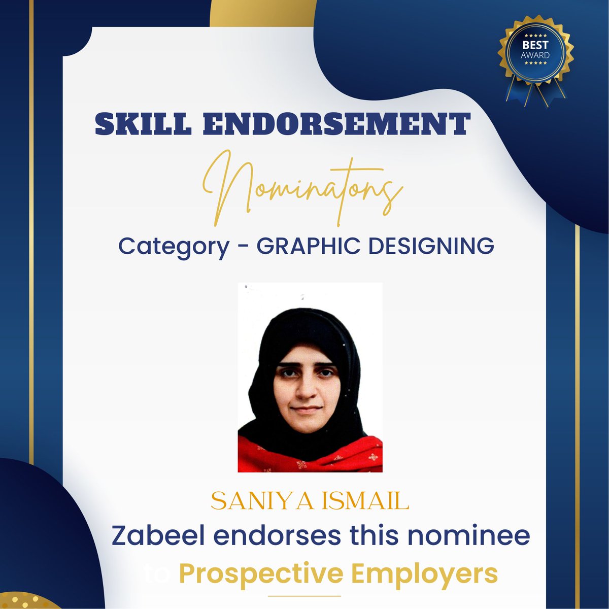 zabeel_intl's tweet image. Skill Endorsement

Zabeel Institute endorses Mrs. Saniya to prospective employers for the skill &amp;amp; knowledge she got trained for.
To know more about Zabeel Institute: bit.ly/3EjzQA4
 #microsoftazurecourse #ccna #networking #certification #debugging #cisco #Graphic