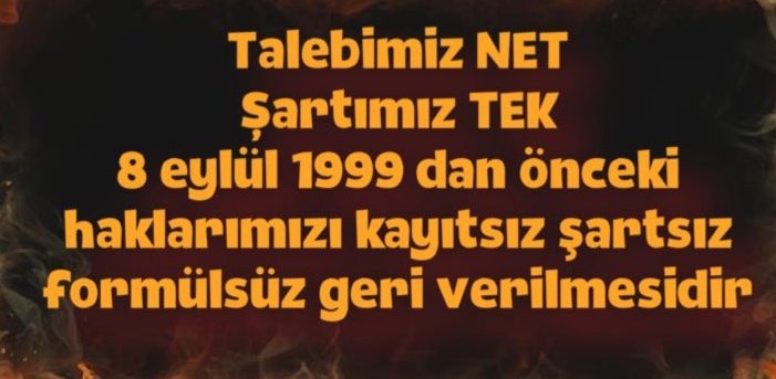 Üç beş ayda bu mücadele kazanılmadı 

13 yıllık bir hak aramanın sonucunda haklarımızı vereceklerinin sözünü aldık 

Kanunun teklifinin içeriğini görene kadar rahat etmeyecegiz 

Arkamızda 1 mağdur arkadaşımızı bırakmadan mücadeleye devam etmeliyiz 

#EytGünSayıyor