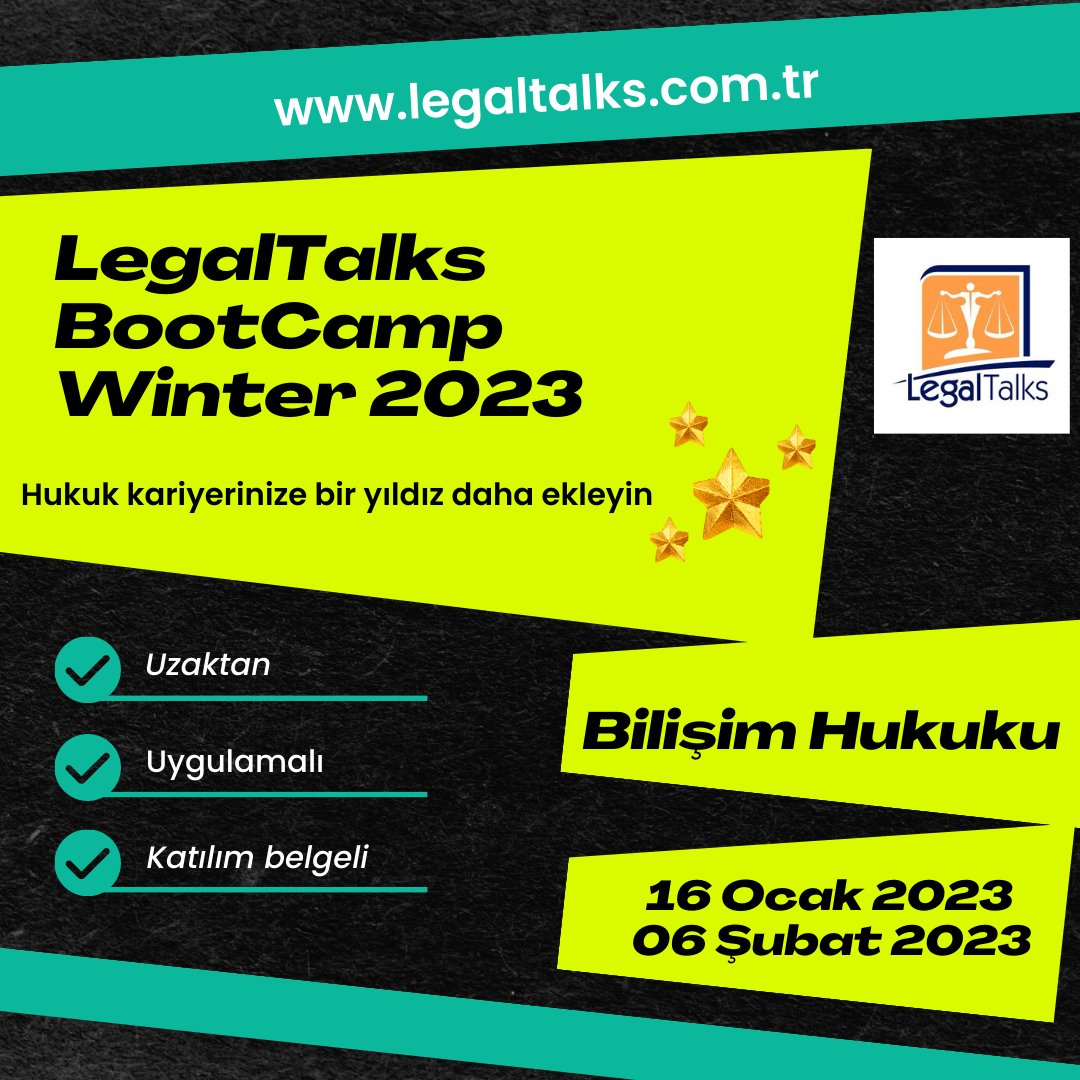 LegalTalks BootCamp Winter 2023 – Bilişim Hukuku Bilgilendirme Toplantısı 16 Ocak 2023 21:00 kayıt linkedin.com/events/legalta… ayrıntılı bilgi legaltalks.com.tr/egitimler/lega… #legaltalks #bootcamp #bilişimhukuku #legaltalksbootcamp #legaltalksbootcampwinter #legaltalksbootcampwinter2023