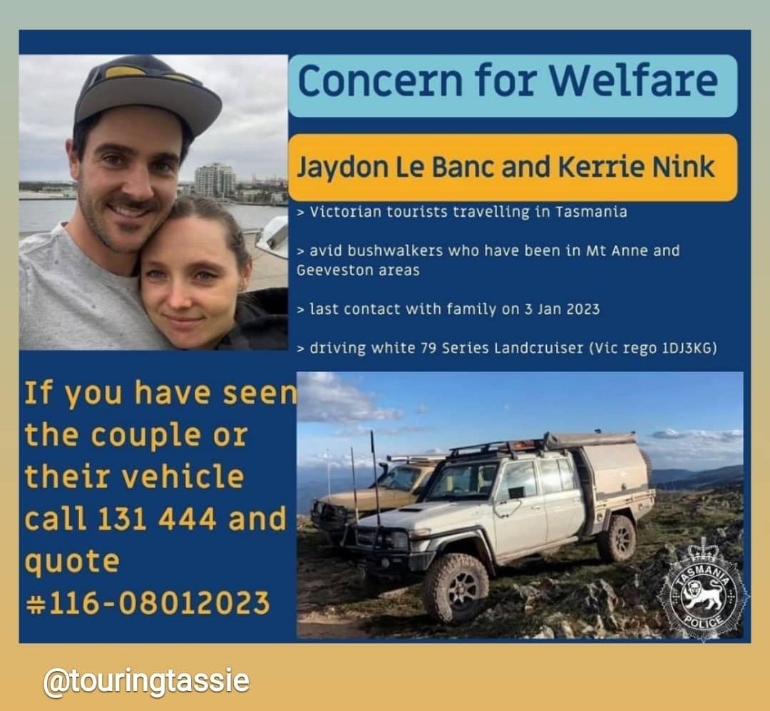 🍎 Lisa Brassington (@agperiurban) on Twitter photo #MISSING: Young Victorian couple, Jaydon & Kerrie.
Last checked in, the Mt Anne area, SW of #Hobart.
<a href="/UTAS_/">University of Tasmania</a> <a href="/sandymurray_/">Sandy Murray</a> <a href="/LouiseGrimmer/">LouG</a> <a href="/vegdoctor/">Dr Hazel MacTavish-West</a> <a href="/boring_smed/">Brent</a>
#WelfareCheck #Geeveston #MountAnne #agchatoz #Tasmania #Tasmanians #MISSING: Young Victorian couple, Jaydon & Kerrie.
Last checked in, the Mt Anne area, SW of #Hobart.
<a href="/UTAS_/">University of Tasmania</a> <a href="/sandymurray_/">Sandy Murray</a> <a href="/LouiseGrimmer/">LouG</a> <a href="/vegdoctor/">Dr Hazel MacTavish-West</a> <a href="/boring_smed/">Brent</a>
#WelfareCheck #Geeveston #MountAnne #agchatoz #Tasmania #Tasmanians