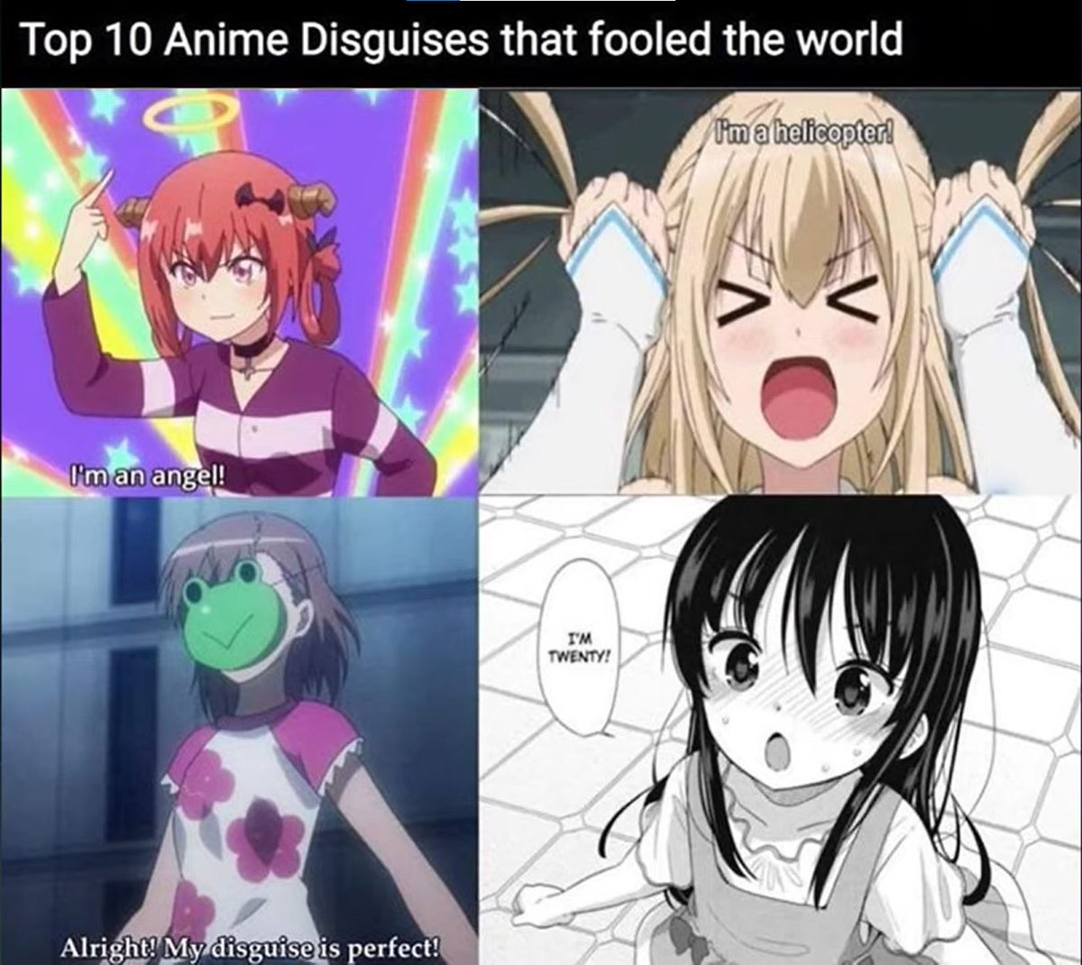 DakimakuraAnime's tweet photo. Top 10 anime Disguises that fooled the world 😆 😅 😂
.
.
.
.
#アニメガールズ #カワイイ #アニメワールド #анимедевушка #анимередактирование #chicasanime
#kawaii #mundoanime #animefan #Arte #animefans # مانجا# قلب# أنيمي فتاة # انمي # انمي https://t.co/anQ0koIsyV