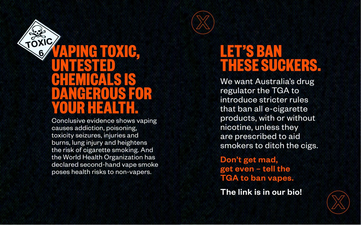 minderoo's tweet photo. It’s time to ditch the #vapes, Australia! The TGA is seeking the public’s views on potential reforms to how nicotine vaping products are regulated in Australia. Until 16 January, you can have your say. Complete the survey🔗 https://t.co/T4wyU5RZQe
#quitvapes #publichealth https://t.co/48KJdGmWoR