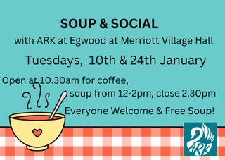 Please Share and spread the word. ARK’s next Soup and Social, warm spaces offering is on Tuesday 11th January and open to all. Doors open at 1030 for tea, coffee and biscuits and then soup and a roll served between 1230 and 2pm. See you there!