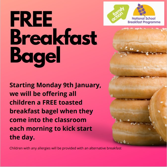 LAWatergall's tweet photo. Starting Monday 9th January @LAWatergall  we will be offering a FREE toasted breakfast bagel to all children to kick start the day. https://t.co/R3hNYF5CrK