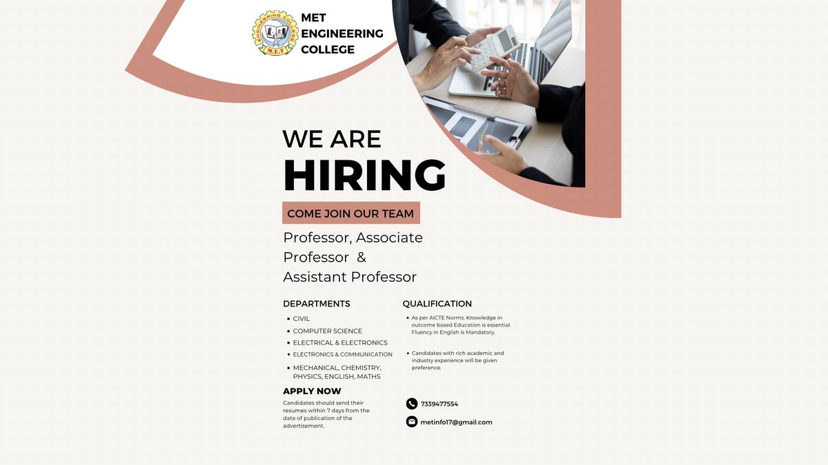 Come join our Team- We are Hiring #experience #speedhiring #hiring #professor #lifeatmet #metengineeringcollege #students #community #metengineeringcollege #aralvaimozhi #nagercoil #kanyakumari