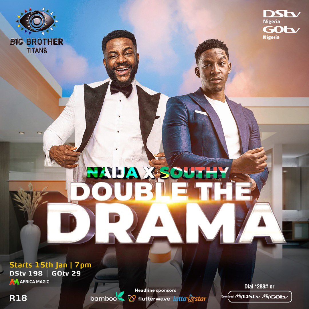 GOtvNg's tweet photo. When you have two giants in one house, you know it’s going to be double the drama. 🇳🇬🇿🇦

#BBTitans #GiantsAreComing https://t.co/gQorCWuE0v