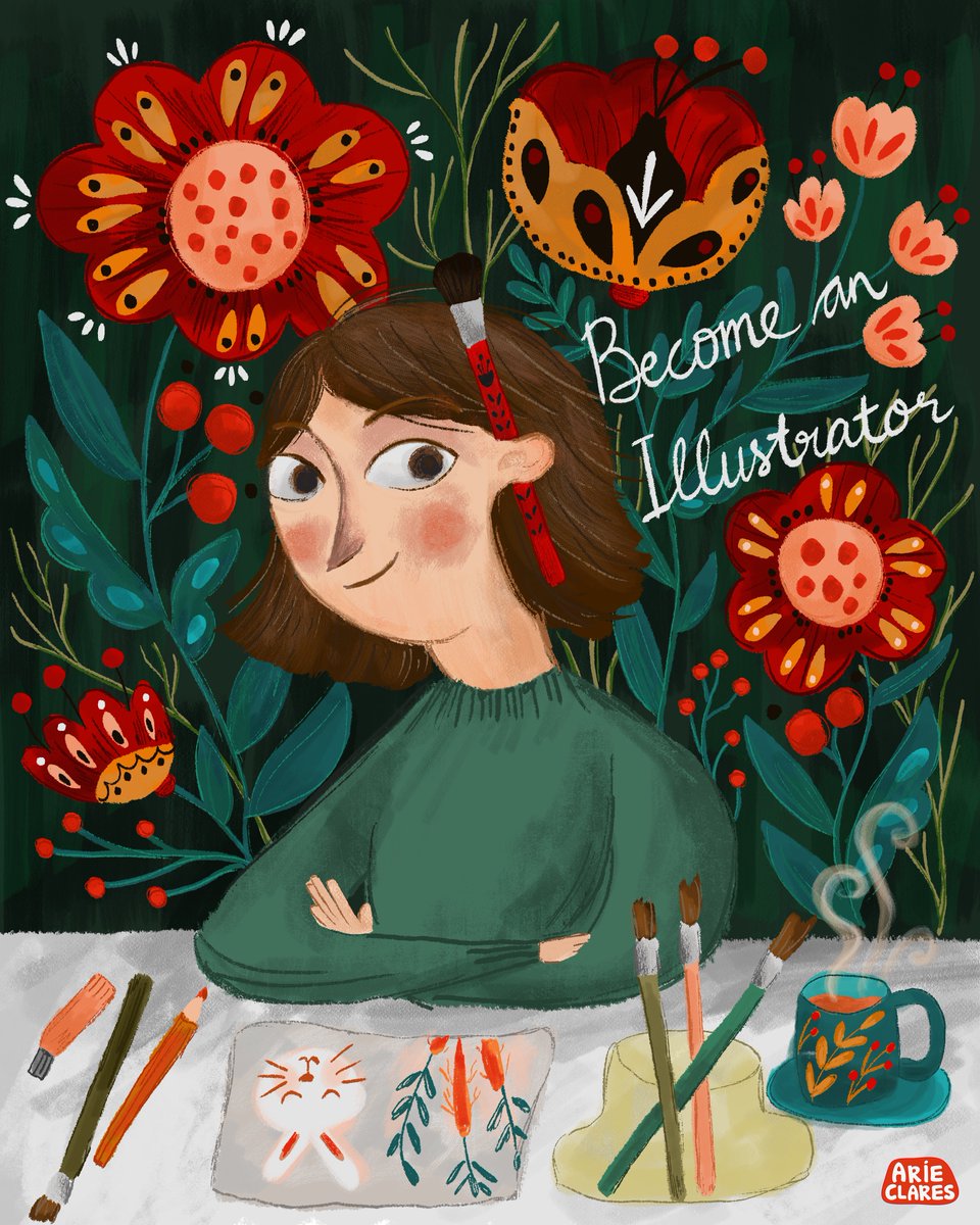 ClaresArie's tweet photo. My dream is to become a Professional Illustrator. I draw myself sitting on a table full of art stationery against the backdrop of the flowers that inspired me to draw in my own bushy garden someday. May that dream also come true one day.😘 #fingercross. https://t.co/zD6J1SQwy3