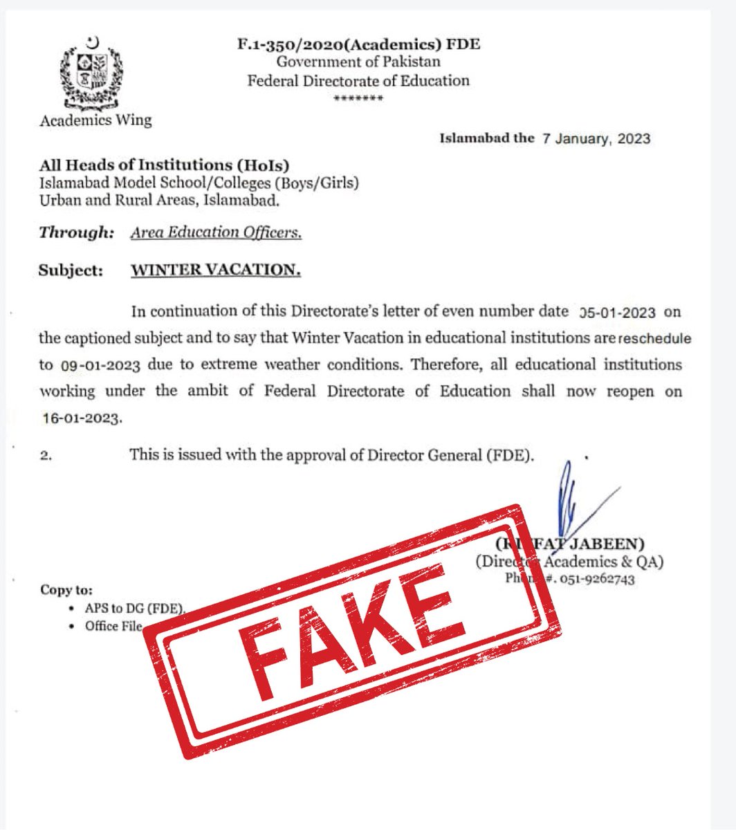 EduMinistryPK's tweet photo. It is to clarify that no such decision has been taken to extend winter holidays any further in Islamabad Capital Territory. The attached document circulating on social media is "Fake" and needs not to be given attention. Let us all stay away from #disinformation. https://t.co/JEqJGbOa5p