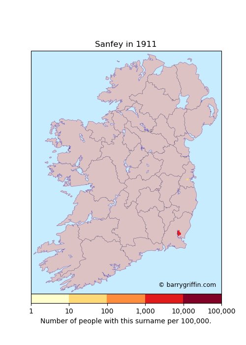 Sanfey is surname profiled today barrygriffin.com/surname-maps/i… 1911 map shows 39 with this name based in #Wexford (Edermine) & #Dublin. De Bhulbh states name very rare & quotes McLysaght that it is Anglo Norman from “De Sancta Fide”