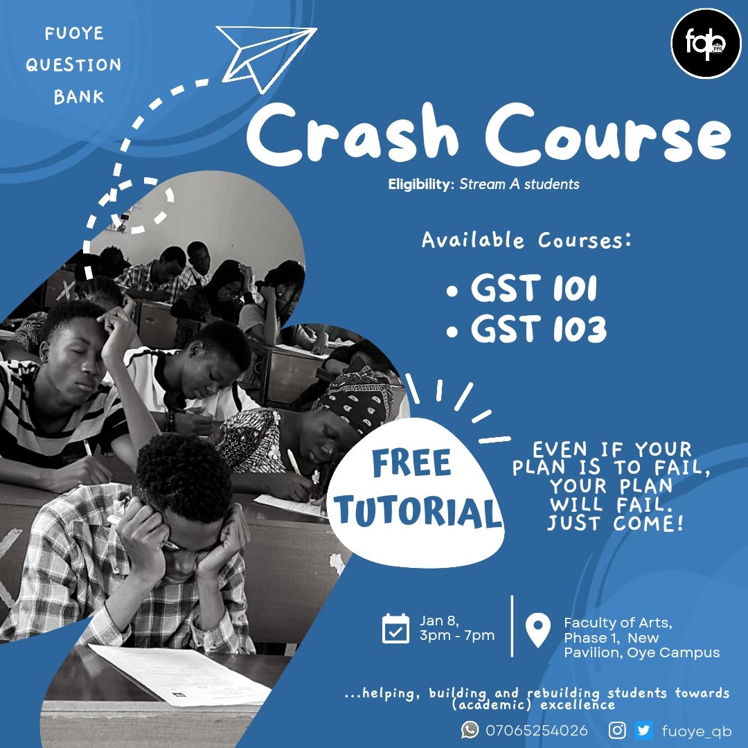fuoye_qb's tweet photo. 🎙️🎙️🎙️
Free Tutorial!!!🔥🔥🔥

Courses: GST 101 &amp; 103

Date: January 8, Sunday.
Time: 3pm - 7pm
Eligibility: Stream A students
Venue: Faculty of Arts, Phase 1, New Pavilion, Oye Campus.

Kindly REBROADCAST. https://t.co/DkMQP4pt9B