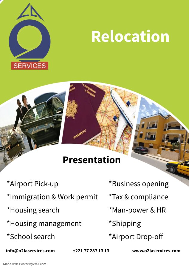Pour tous vos projets de mobilités professionnelles ou personnelle au Sénégal, nous avons mis en place une gamme complète de services pour faciliter  votre installation et votre intégration.

Site web o2laservices.com
Tel: +221 772871313
#Senegal  #relocationservices