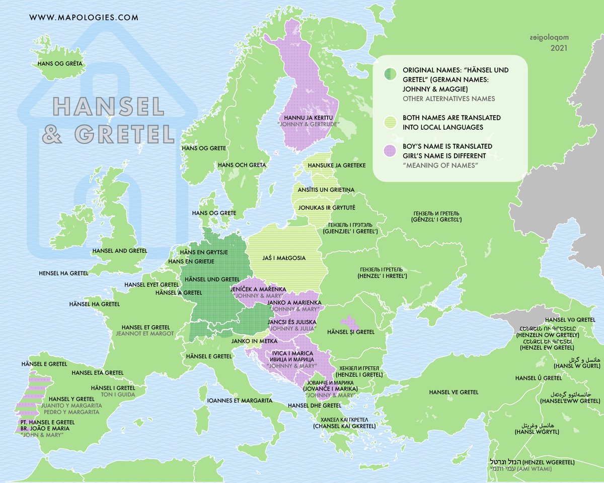 Thanks to this fairy tale, many of us know the names Hansel and Gretel, the #German version of Johnny and Maggie. However, as in many of these maps, not everybody uses the original names, but the local equivalents.
More #fairytales maps:
mapologies.com/stories/
#hanselandgretel