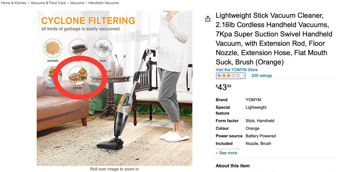 StopAntisemites's tweet photo. Grotesque - @amazonca listing for a vacuum ad photo shows different types of garbage the vacuum is capable of cleaning, including hair, dust, and "jewish".

We sincerely hope this is an innocent mistake and not deliberate antisemitism @AmazonHelp https://t.co/VveeVJ7WEc