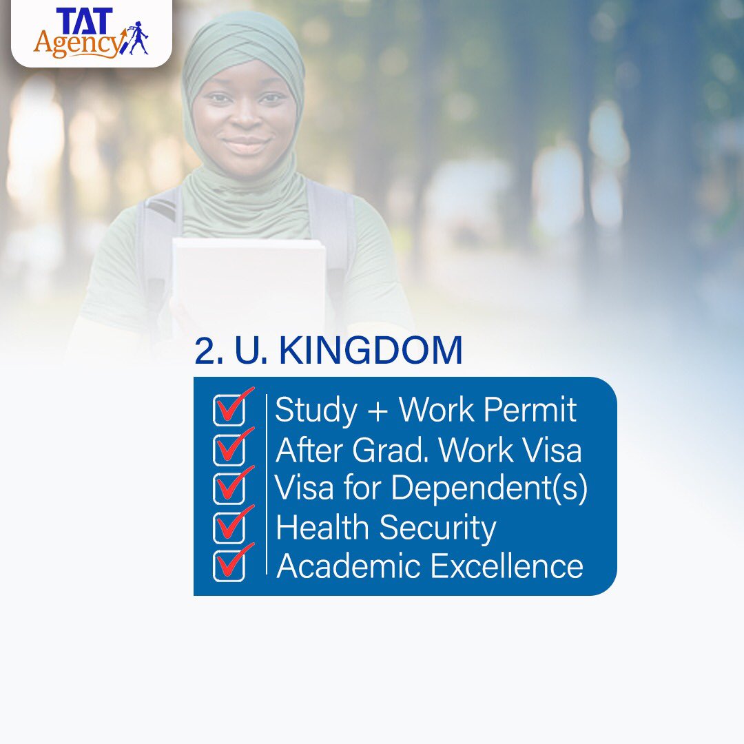 tatagencyng's tweet photo. Travel tips: Top countries suitable for study for Nigerians.

If you are planning to study abroad and you don’t know which country to go for, this post will help you in your decision making.

#studyinuk #university #studentvisa #studyvisa #studyoverseas #overseaseducation #visa https://t.co/vi2deoa8bb