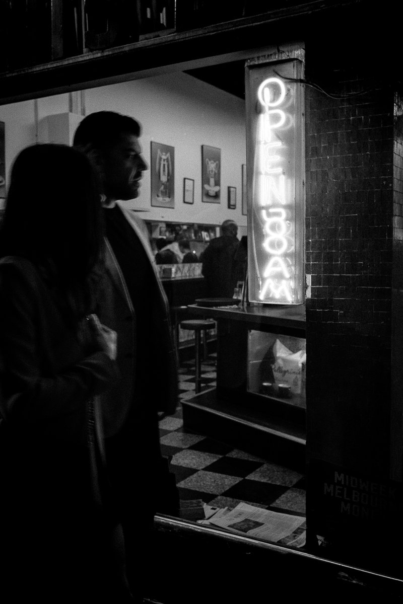 Open 8am. There's something mysterious about shooting b&amp;w at night.

#streetphotography #blackandwhite #melbournecity