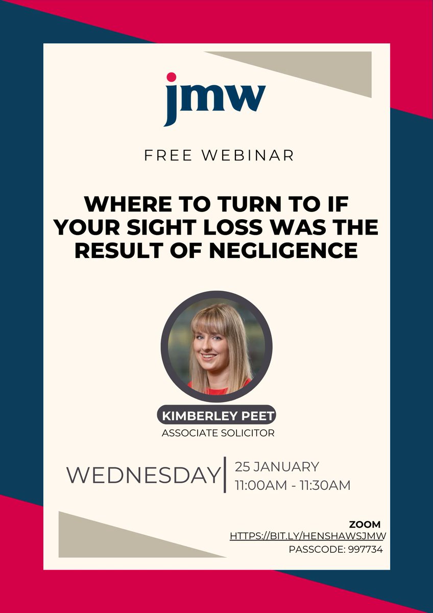 On Wed 25th Jan 11:00am-11:30pm, our corporate supporters <a href="/jmwsolicitors/">JMW Solicitors</a> will be hosting a free webinar about where to turn to if you feel your sight loss may have been the result of negligence. To join, please use the following details: buff.ly/3ijy4JM Password: 997734