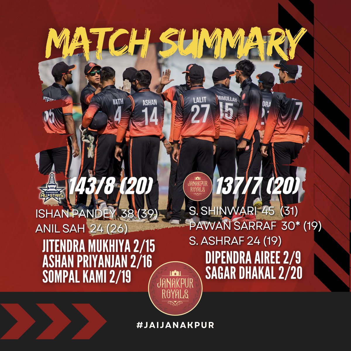 🔴⚫️ Janakpur Royals will now play the winner of Biratnagar Super Kings vs. Kathmandu Knights in Qualifier 2!

#JanakpurRoyals #JaiJanakpur #NepalT20 #nepalt20league