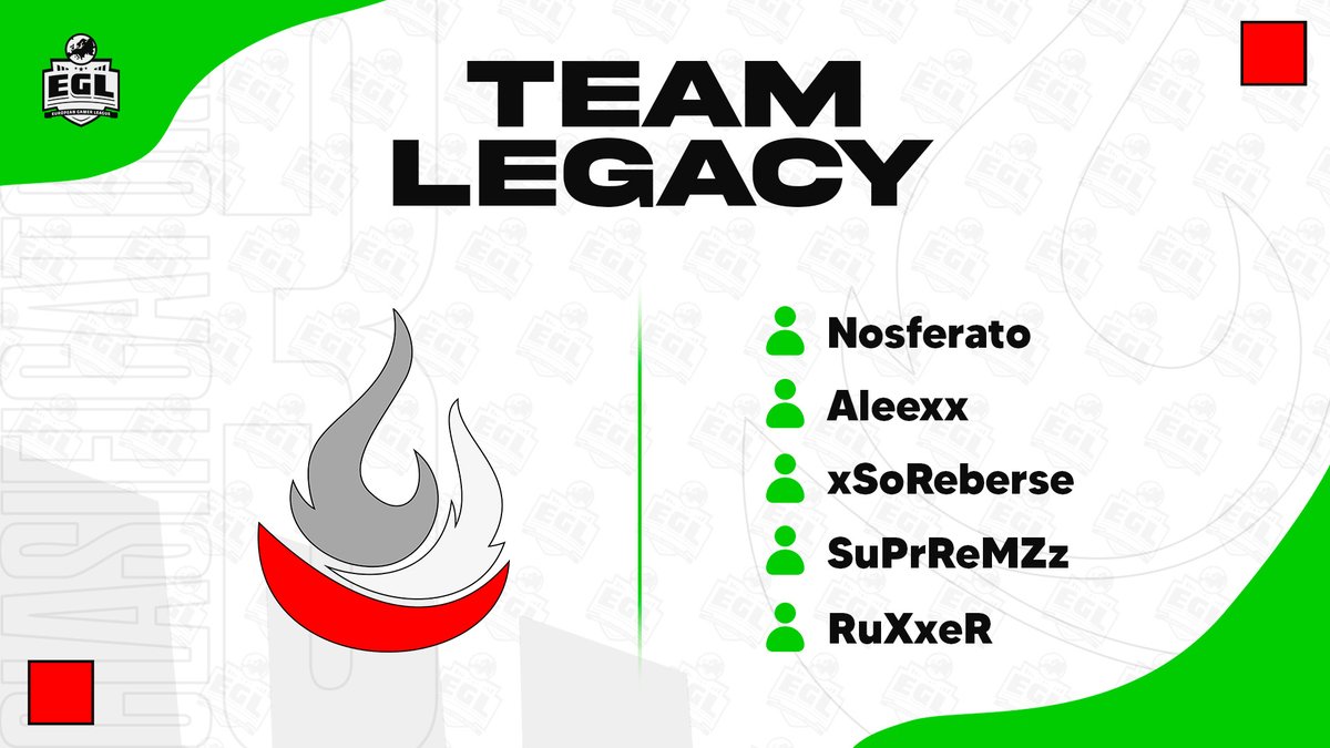 Os presentamos al ultimo equipo inscrito al ULTIMO CLASIFICATORIO 🏆. <a href="/eTeamLegacy/">🔥Team Legacy🔥</a> ha hecho ya su apuesta.

🛡 Los jugadores son:

👤 @xnosferato7
👤 Aleexx
👤 <a href="/xSoReberse26/">xSoReberse</a> 
👤 @Srrnnoo
👤 @byruxxer

Bienvenidos a la ultima batalla! ⚔