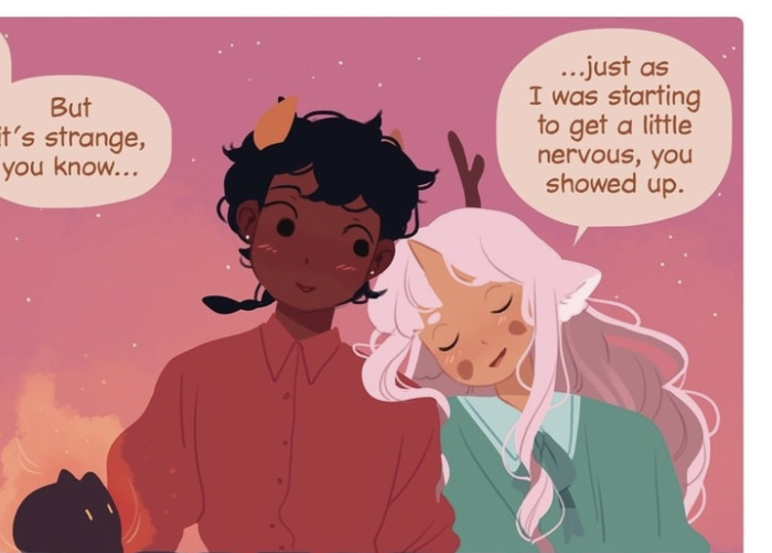 『The Tea Dragon Society』、超能力をもつ反動で記憶に不安を抱えるミネットが、心優しいグレタに少しずつ心を開いていく様が繊細に描かれる。(友情も当然あるけど)明白に恋愛/ロマンス的な感情として描いてくれるのも凄く良い。作者のK.O'Neill氏はクィアな関係性を優しく素敵に語ってくれる名手。