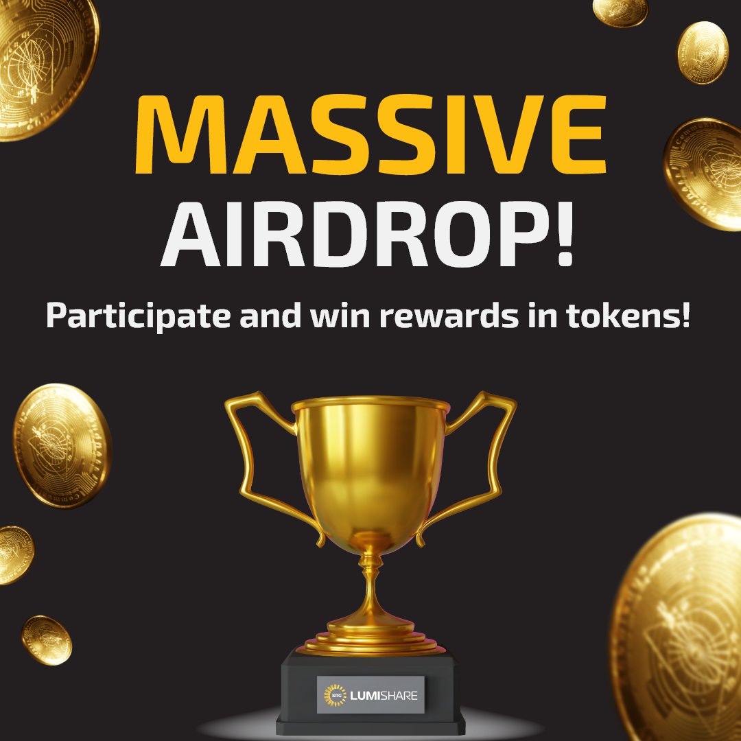 It's raining rewards at #LumiShare 🏆

Participate in our first-ever #airdrop campaign &amp; stand a chance to win rewards in $SRG tokens 🪙

📌Total number of Winners: 55
🎁Reward Pool: 15,555 Tokens

1⃣Like+Retweet this tweet
2⃣Complete all the steps here👇
gleam.io/Gg3gs/massive-…