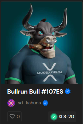 sd_kahuna's tweet photo. #SGS #XRParmy #xrpnft #SOLONATION
Meet my Lottery Bulls from @BullrunBullsN1. Bullrun Bull #107ES was my first Lotto Bull. There are only 111, so the odds are pretty good.
Web: https://t.co/i3Y3lmaXZZ
Discord: https://t.co/CSt5GUTjMr
Coll.: https://t.co/XgIuUdotOg https://t.co/KxFzdpPv3V